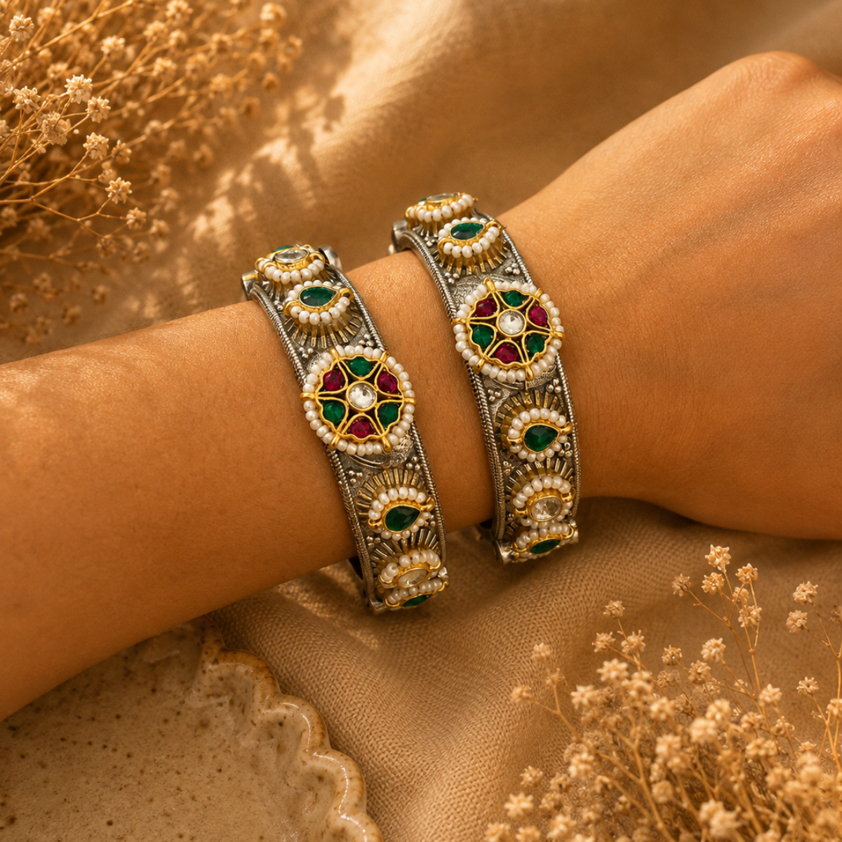 Antique Silver Bangles with Kundan and Meenakari Work