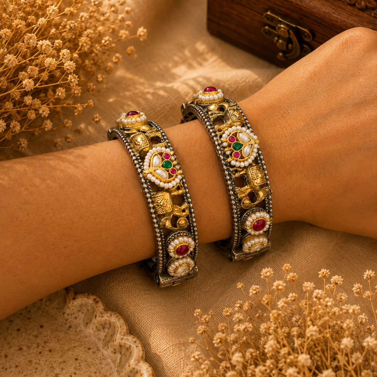 Antique Finish Kundan and Pearl Bangles