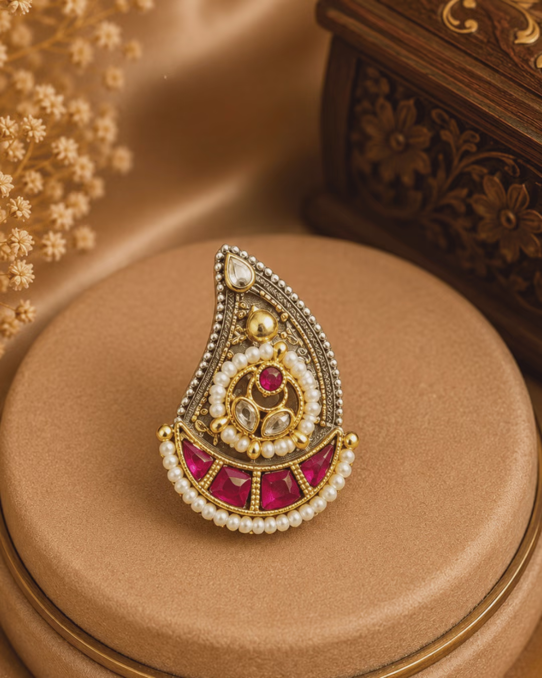 Kundan and Pearl Statement Ring with Red Stone Accents