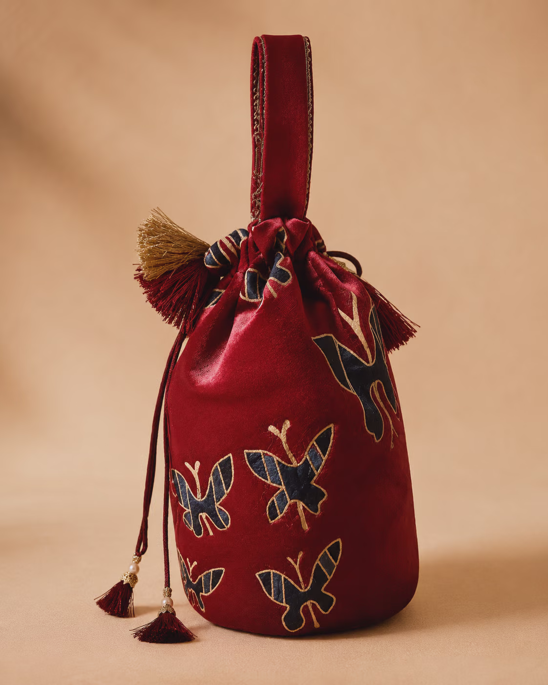 Maroon Velvet Potli Bag with Butterfly Embroidery