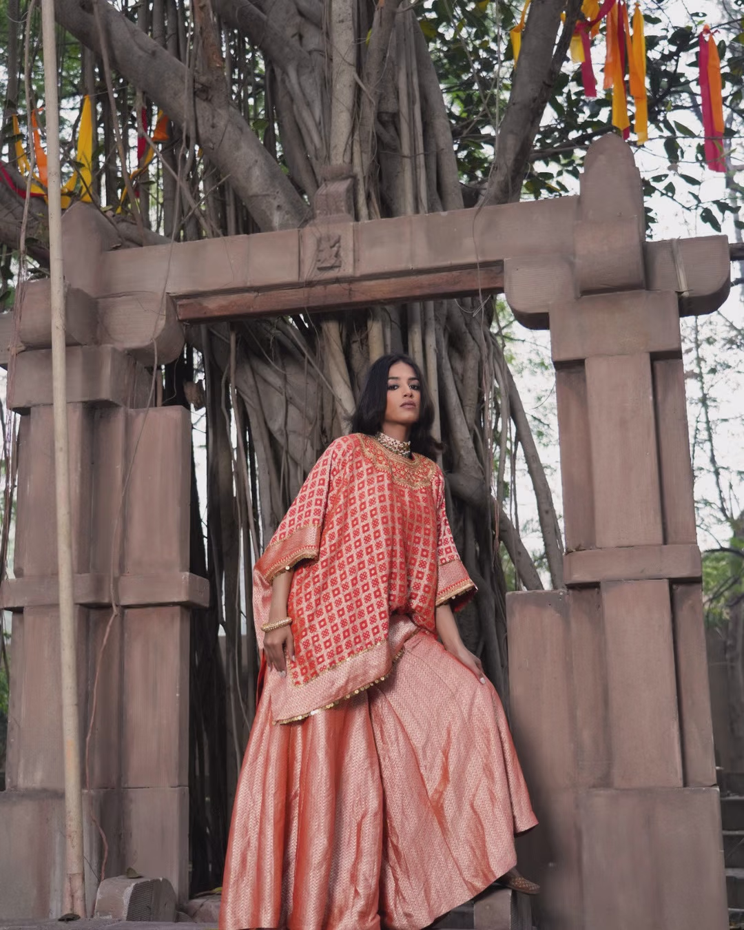 Peach Silk Blend Layered Ethnic Dress with Embroidered Cape