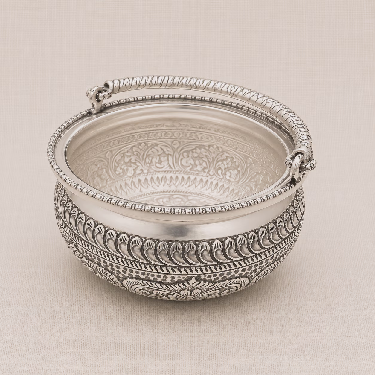 Engraved Silver Decorative Bowl with Handle