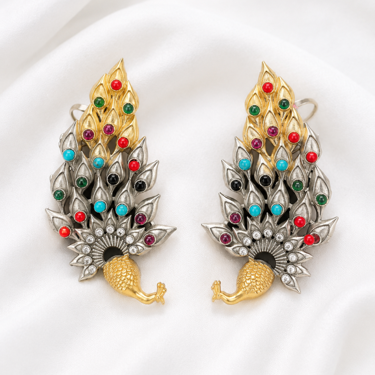 Peacock Motif Gold and Silver Earrings with Colored Stone Detail