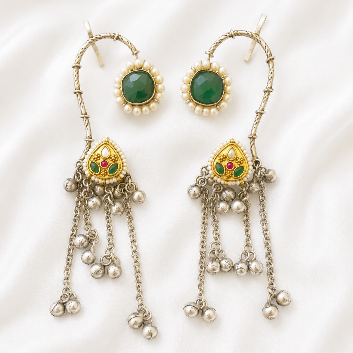 Kundan and Pearl Ear Cuffs with Silver Chains