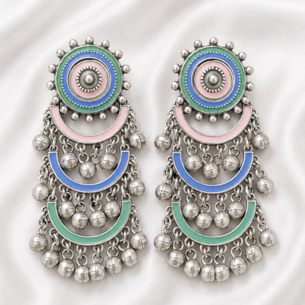 Multicolour Oxidised Silver Jhumka Earrings with Enamel Work