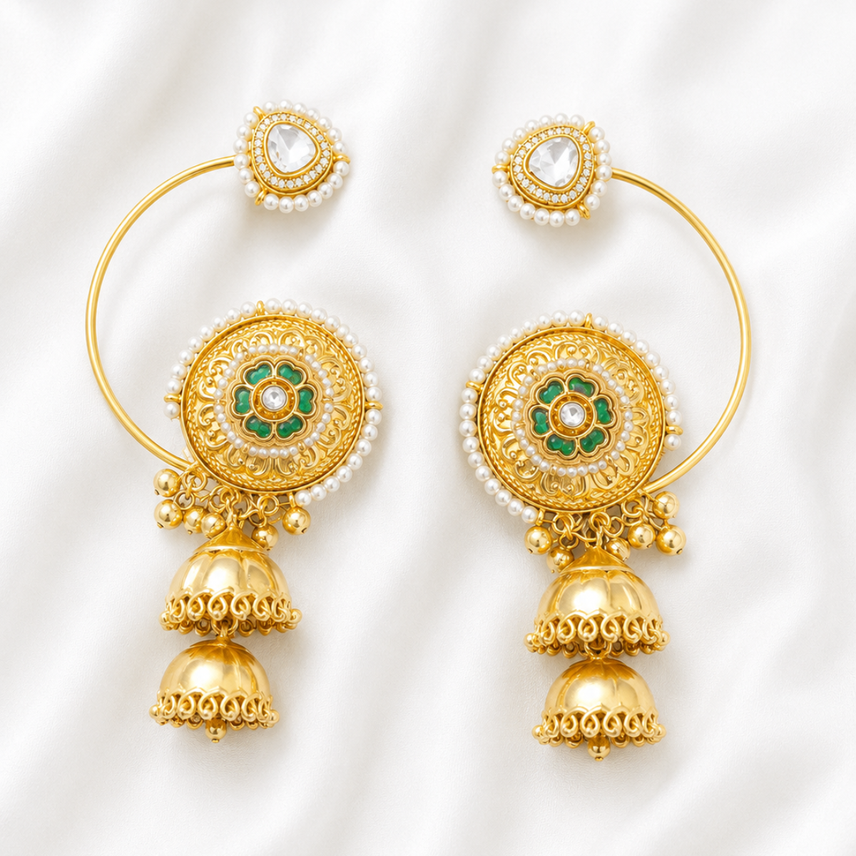 Gold Plated Jhumka Earrings with Meenakari Floral Motif and Pearl Detailing