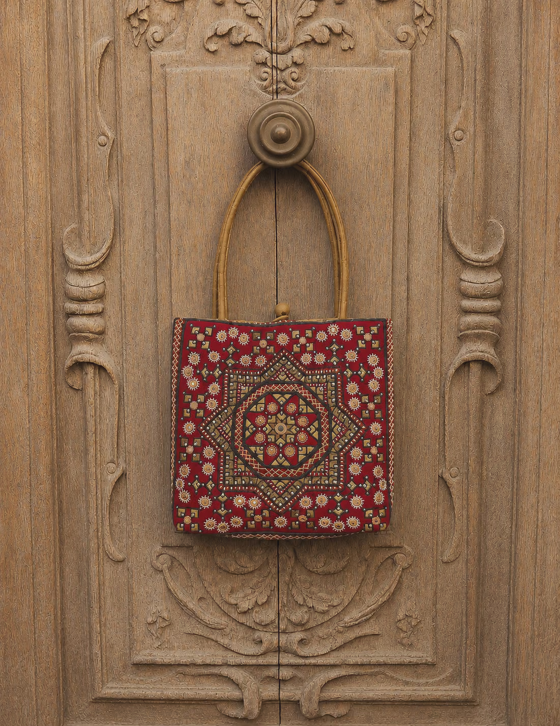 Maroon Fabric Handbag with Geometric Embroidery