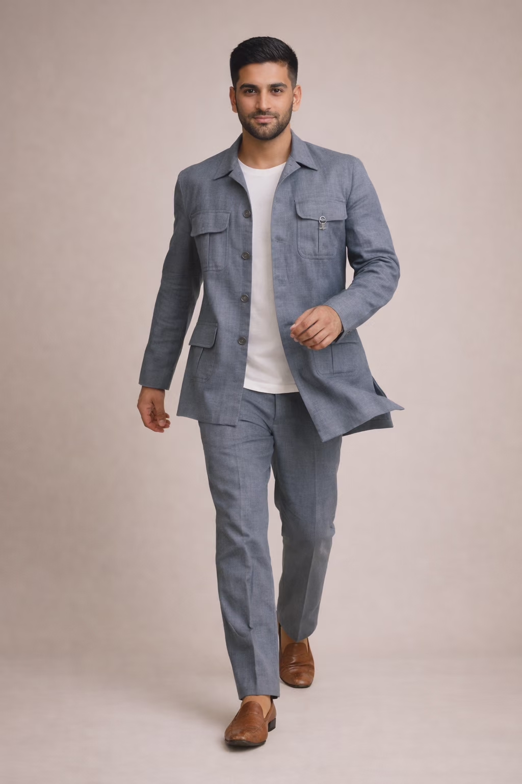 Slate Blue Linen Casual Suit Set
