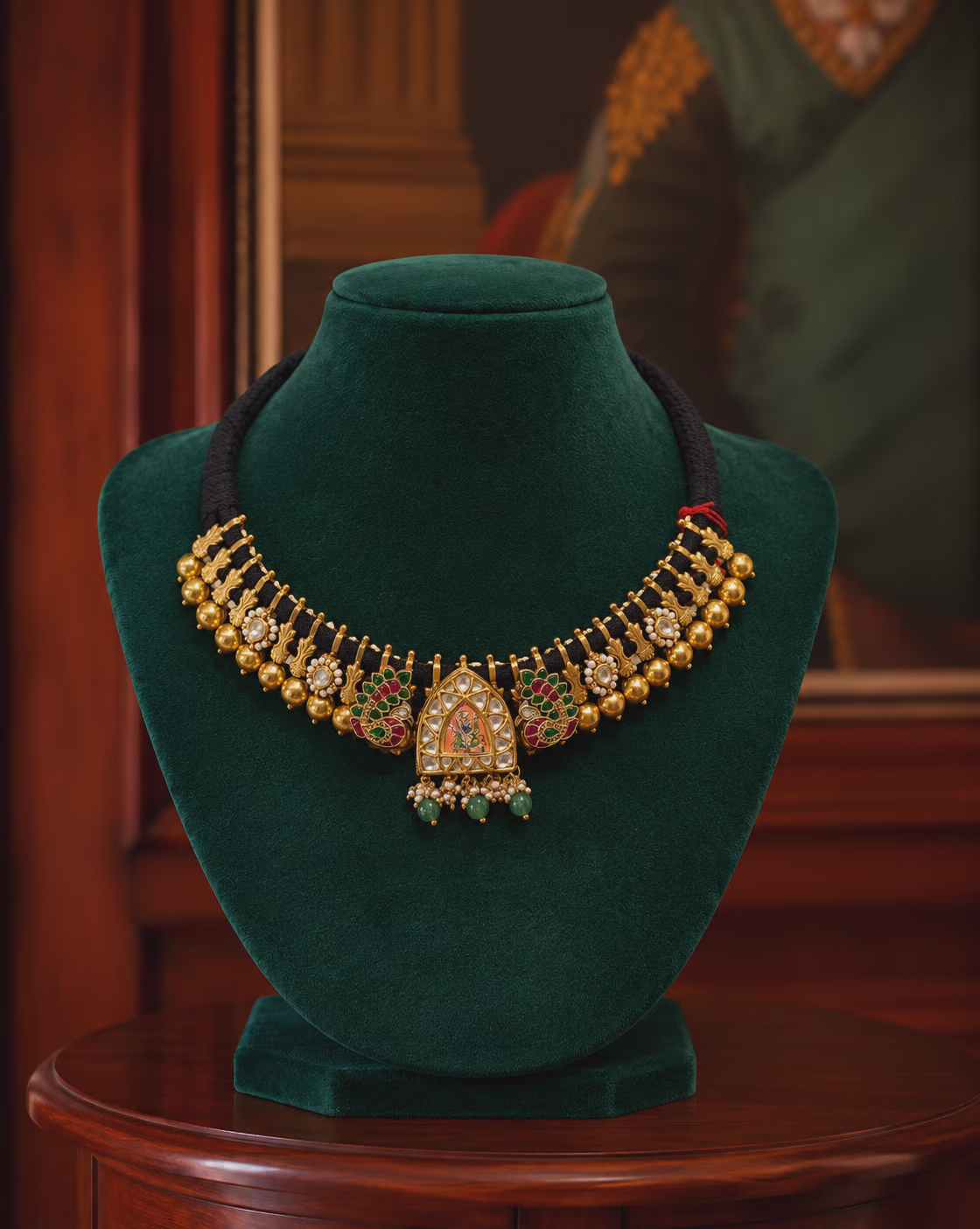 Traditional Gold Necklace with Enamel and Pearl Detailing