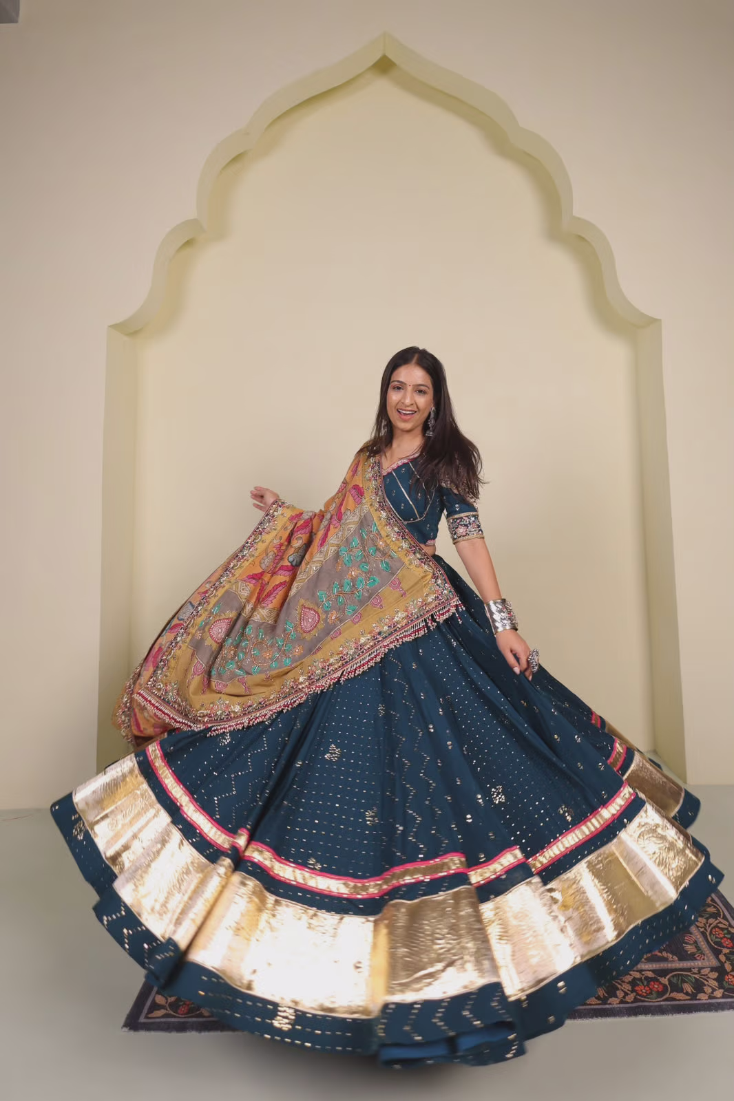 Teal Silk Lehenga Choli with Embroidered Dupatta