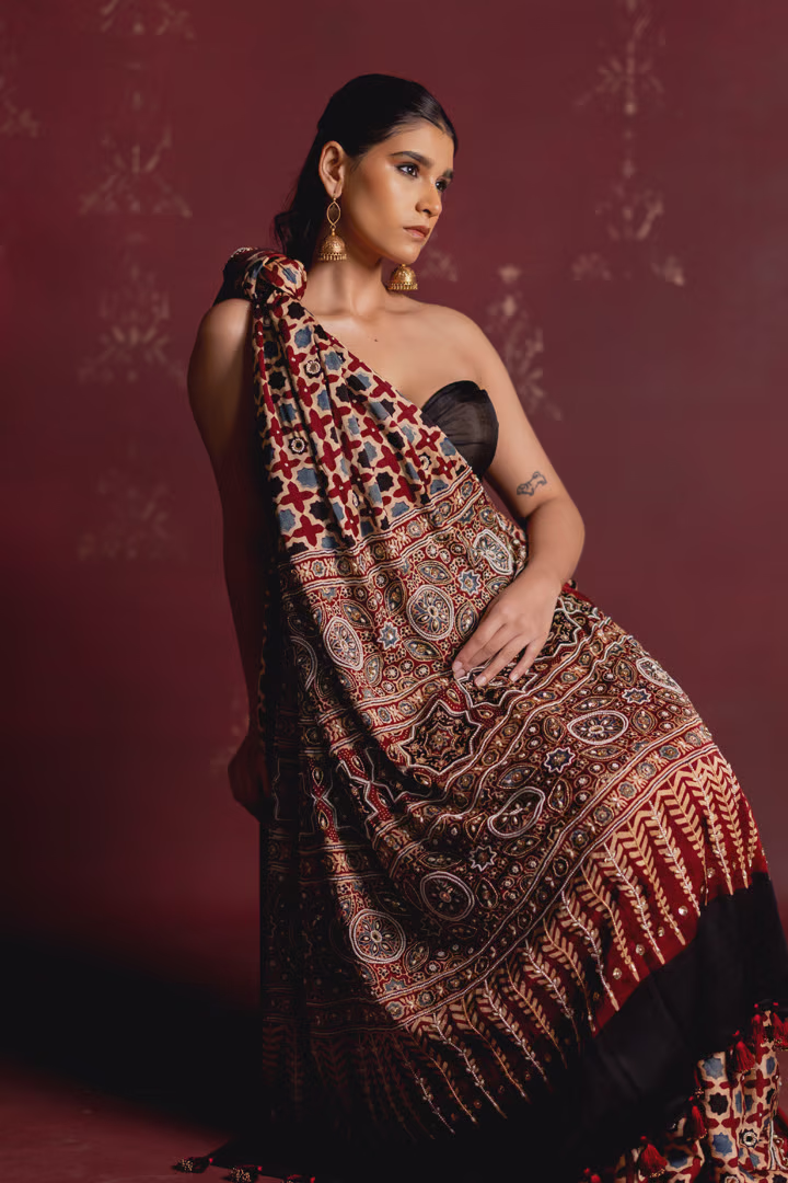 Ajrakh Print Cotton Saree with Geometric Motifs