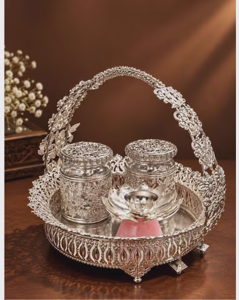 Silver Plated Pooja Thali Set with Floral Handle