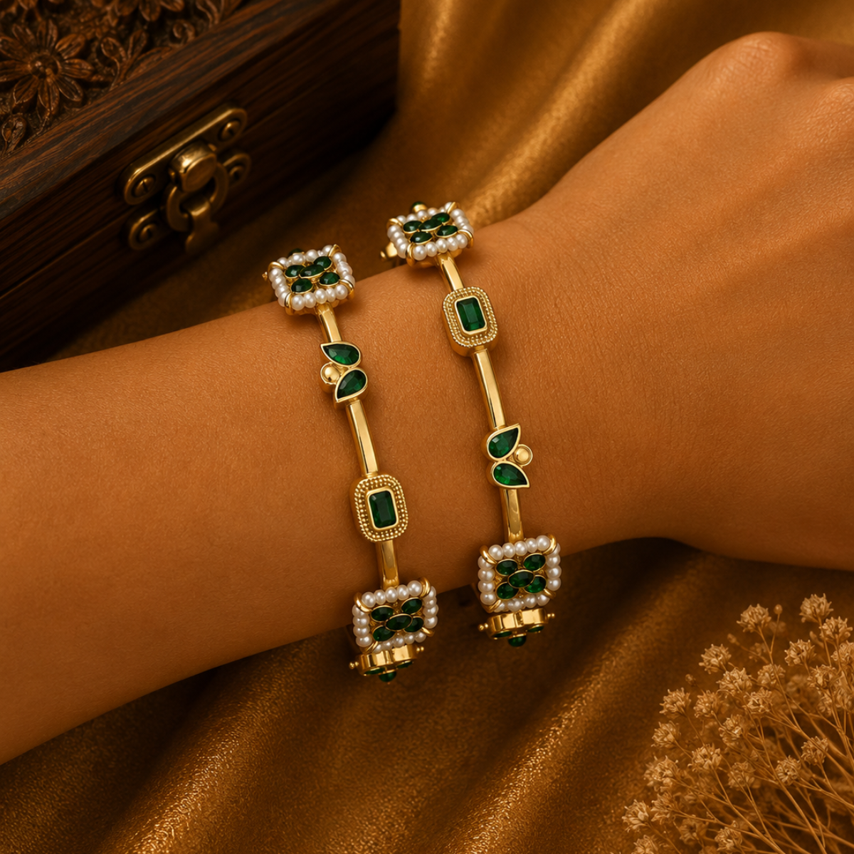 Gold Finish Stone and Pearl Bangle Set