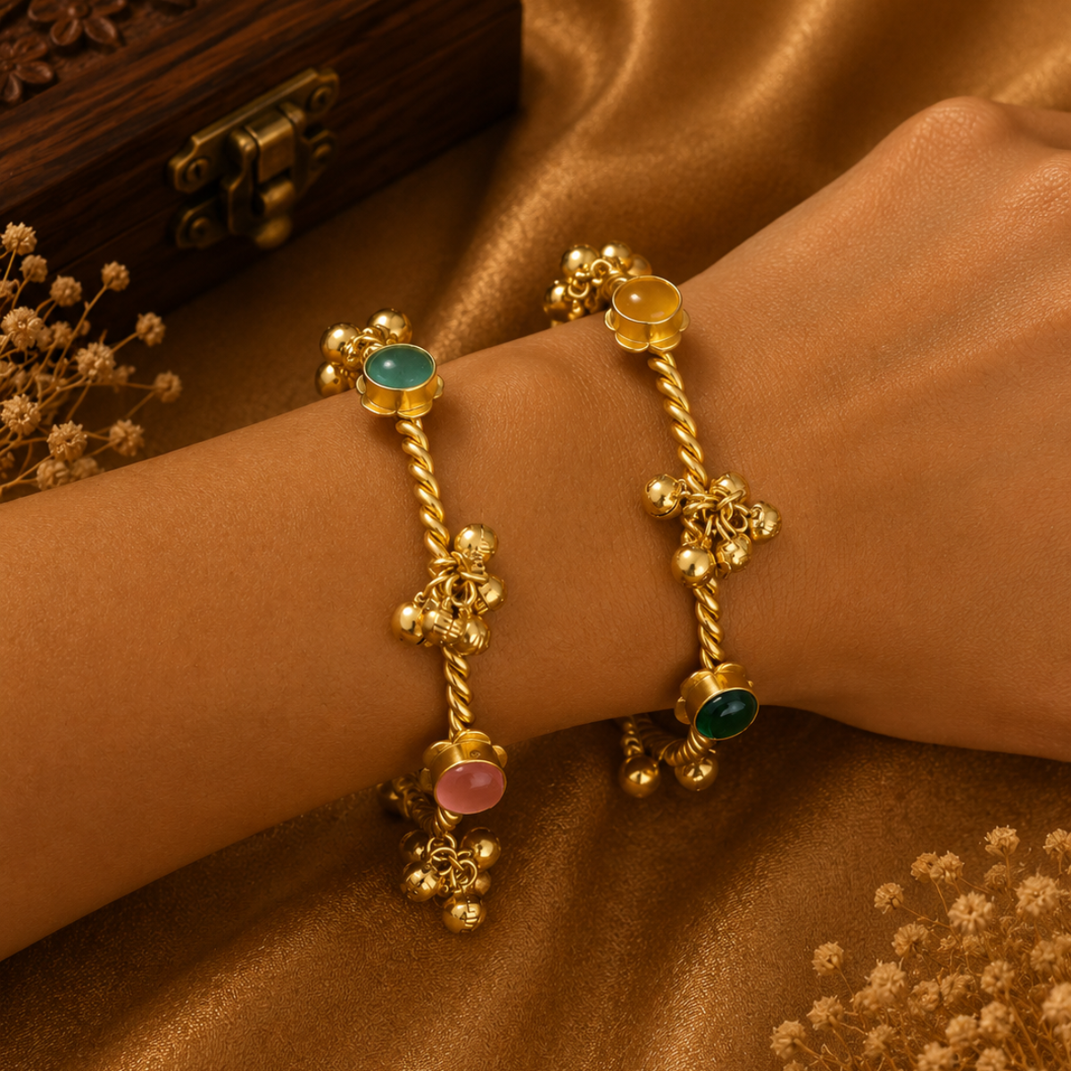 Gold Plated bangle Pair with Colored Stone and Bead Detailing
