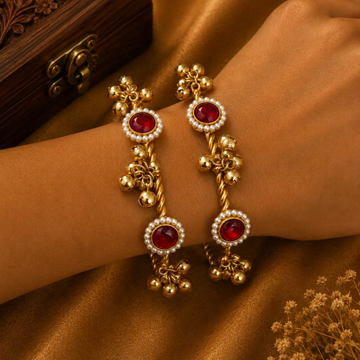 Gold Plated Anklet Pair with Pearl and Stone Detailing
