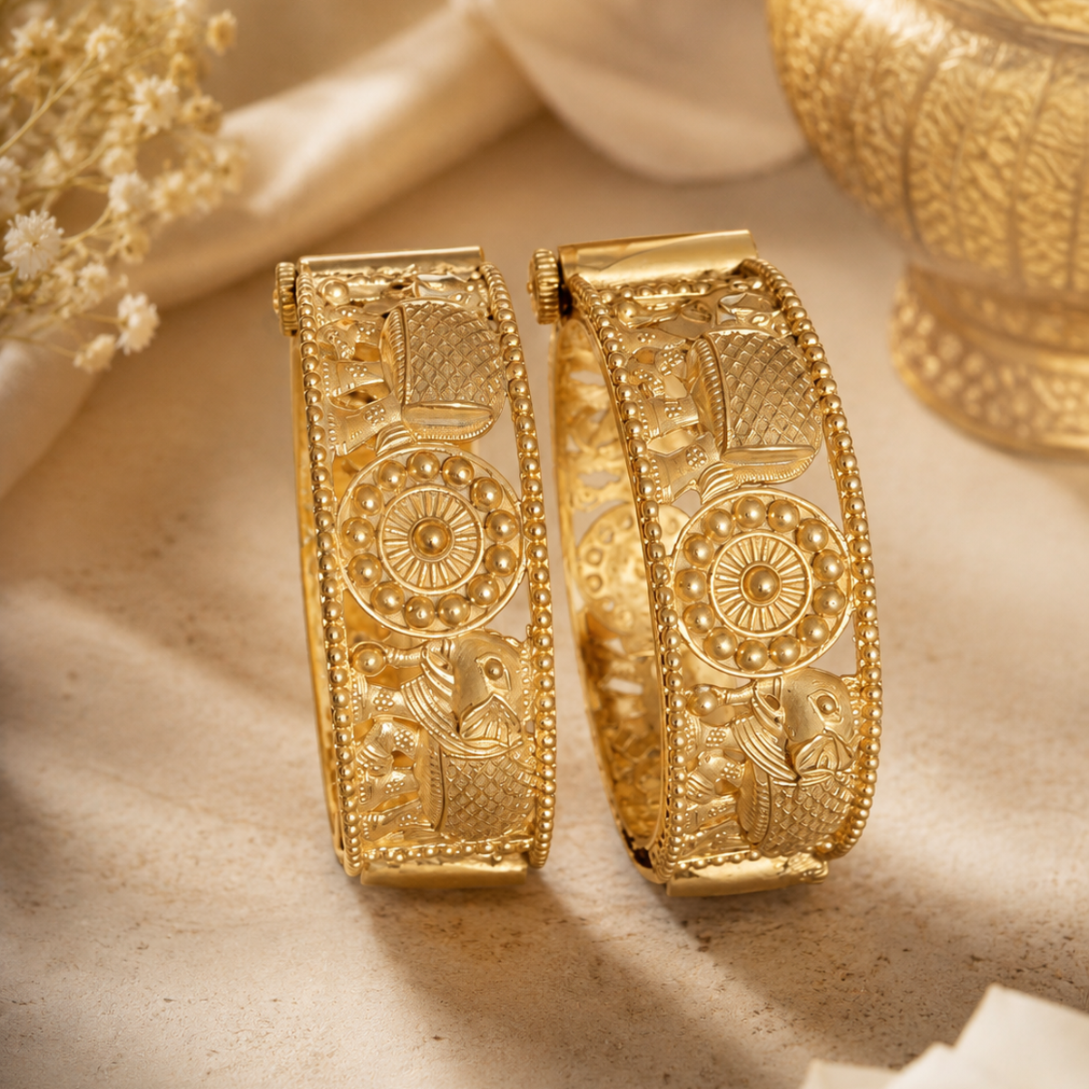Antique Gold Finish Temple Design Bangles