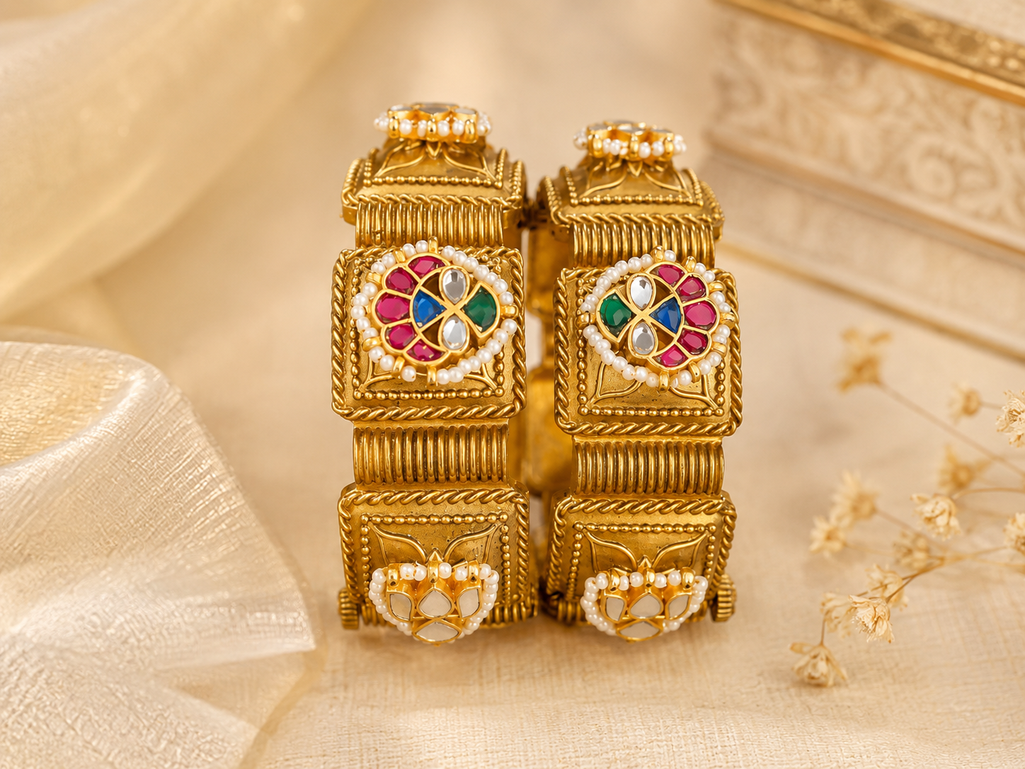 Gold Plated Kundan Bangles with Multicolour Stone Work