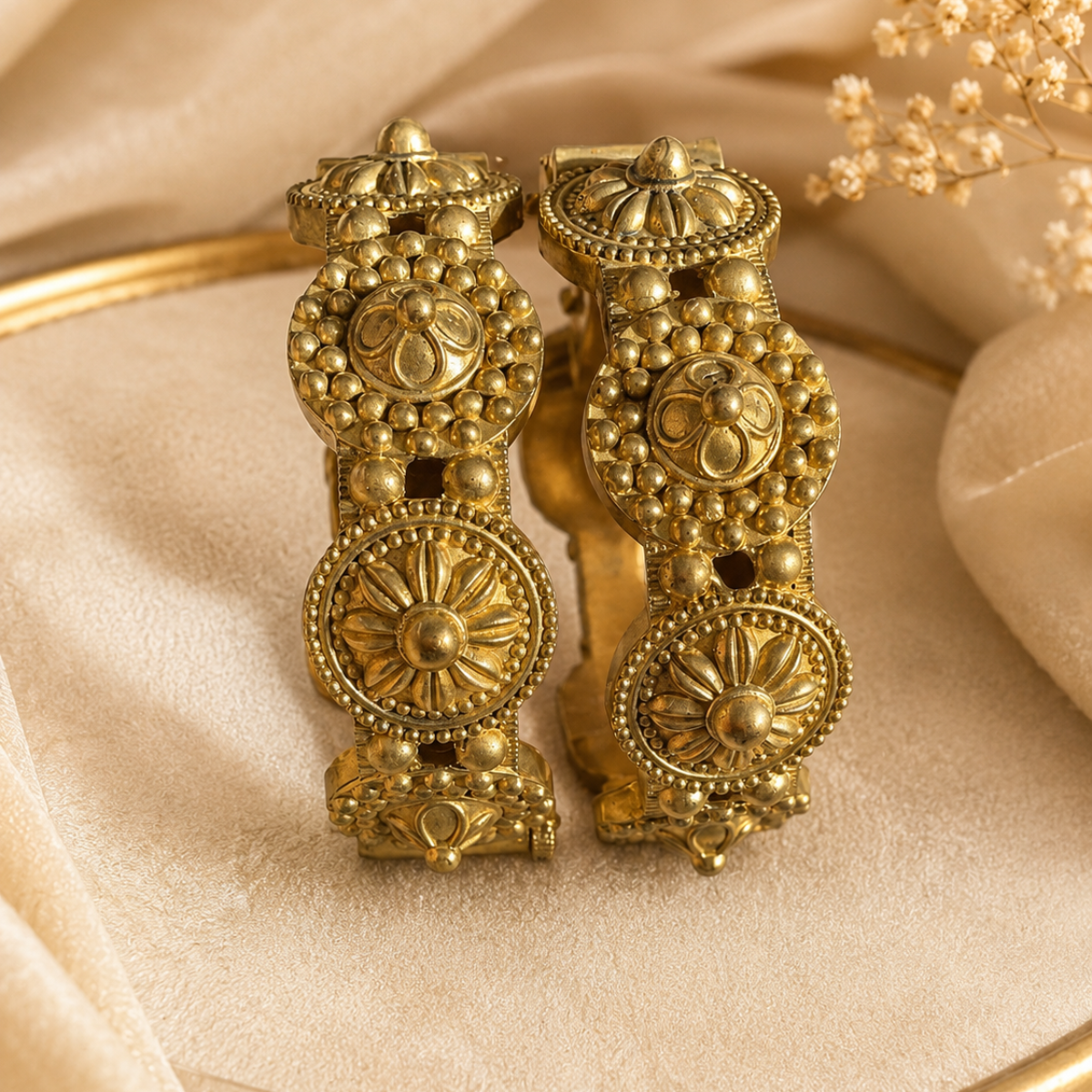 Antique Gold-Tone Floral Motif Bangles
