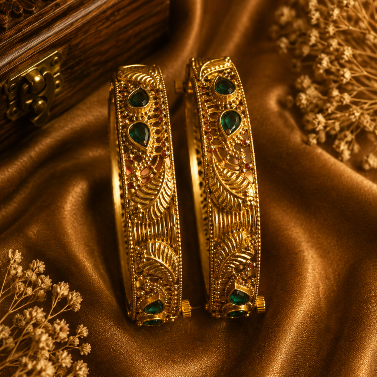 Gold Plated Bangles with Green Stone and Filigree Detailing