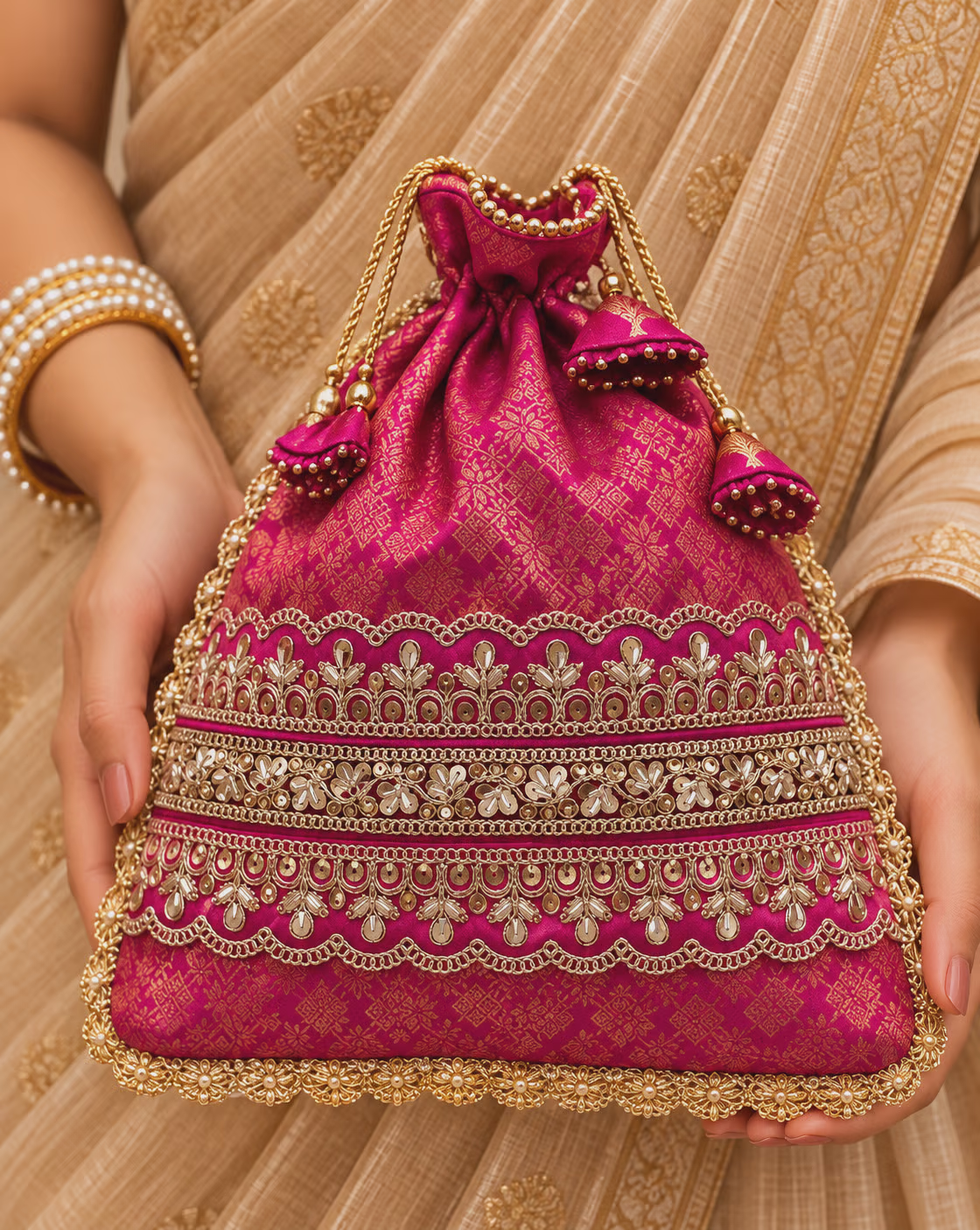 Pink Banarasi Potli Bag with Kundan Embellishments