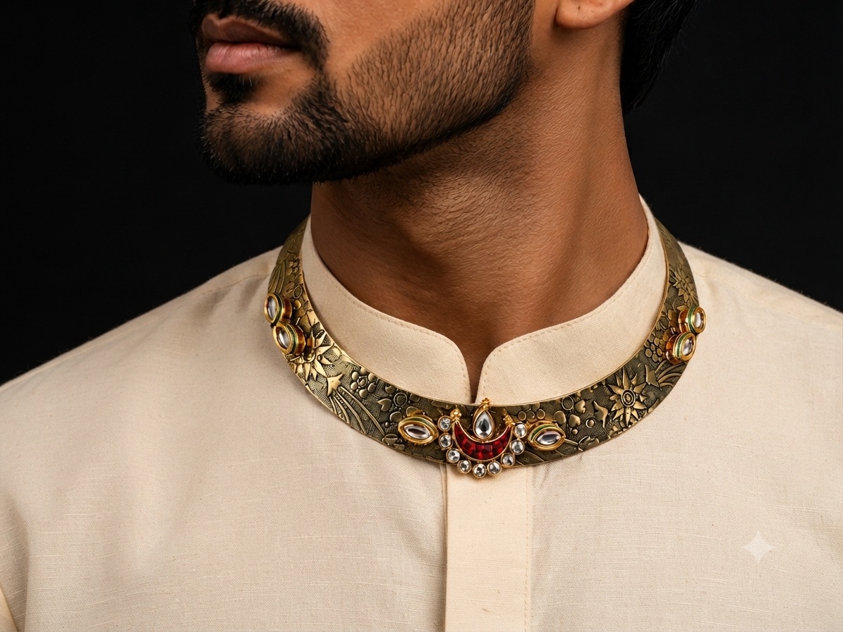 Men's Gold-Tone Kundan Hasli Neckring | Traditional Statement Collar Necklace | Ethnic Neck Jewelry – Karatique