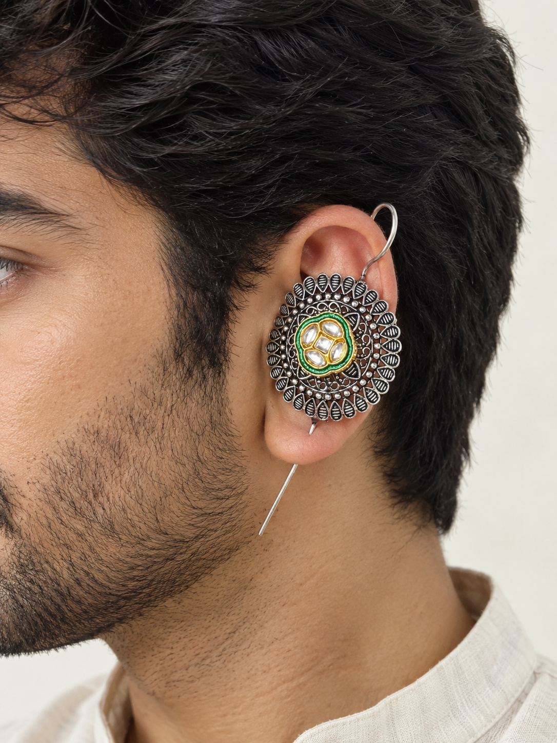 Handcrafted Oxidised Silver Women and Men’s Earcuff with Kundan Detailing | Statement Ear Jewelry for Men