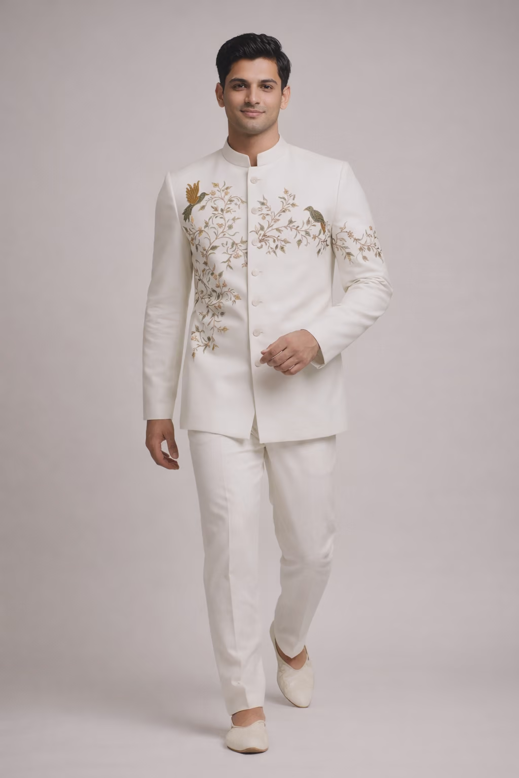 Ivory Silk Sherwani with Intricate Bird Embroidery
