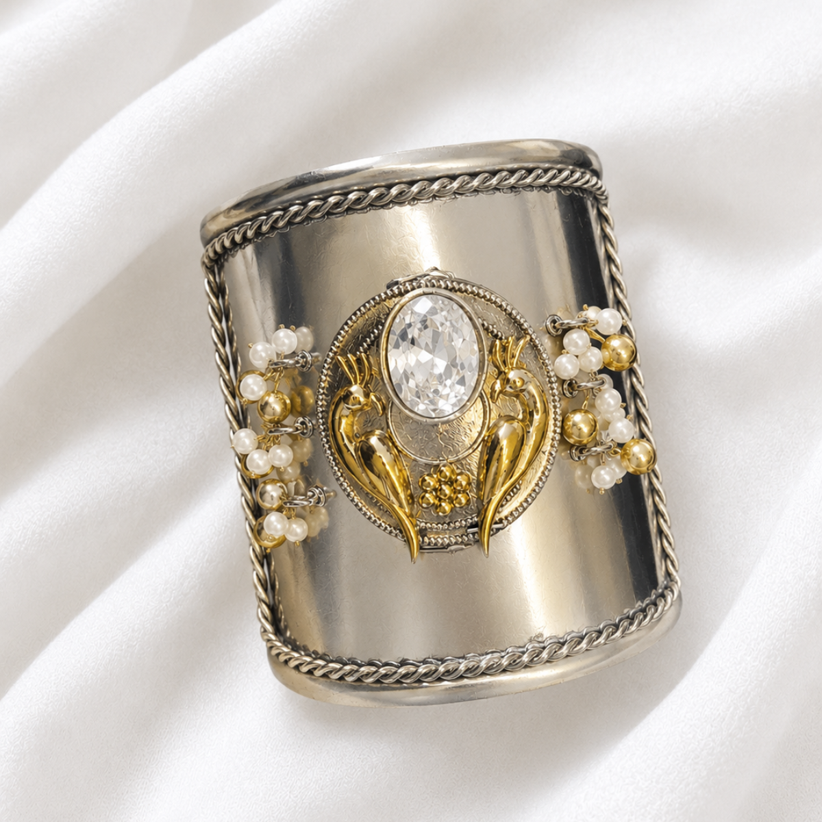 Silver and Gold Cuff Bracelet with Pearl and Bird Motif