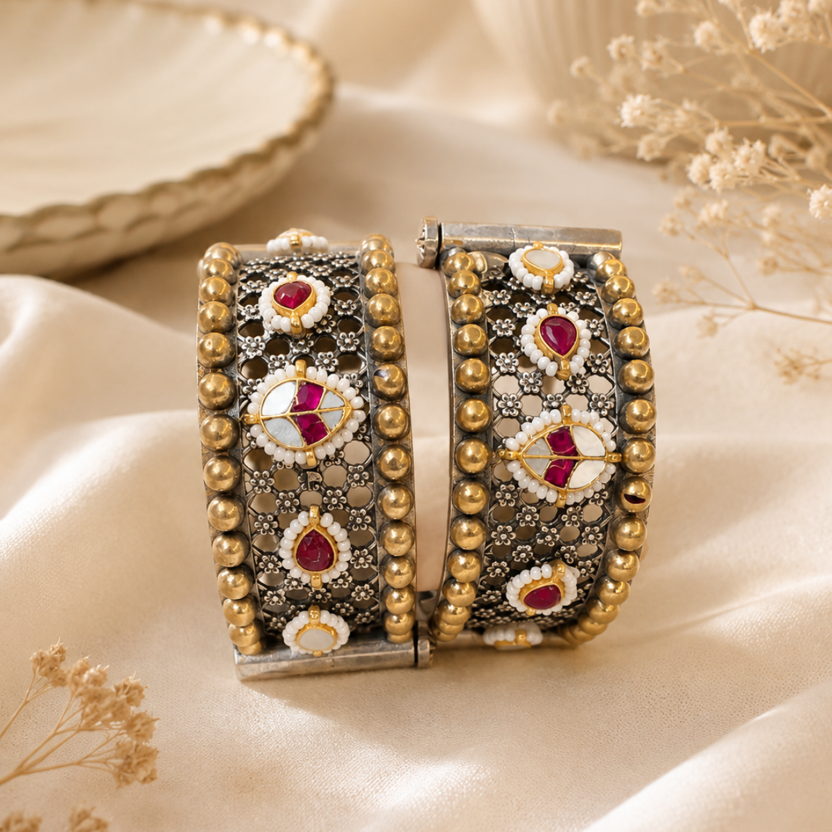 Antique Silver and Gold-Tone Kundan Bangles