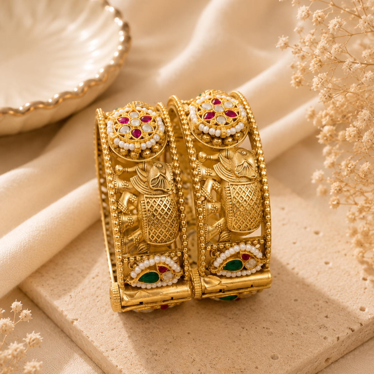 Gold Plated Temple Jewellery Bangles with Pearl and Stone Detailing
