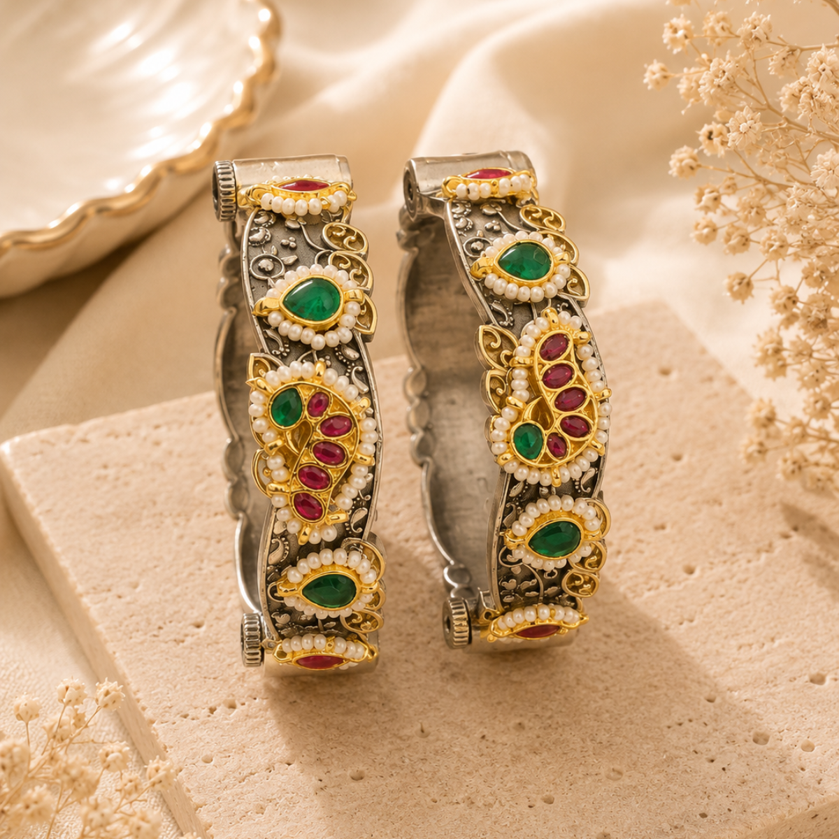 Antique Silver Bangles with Kundan and Pearl Detailing