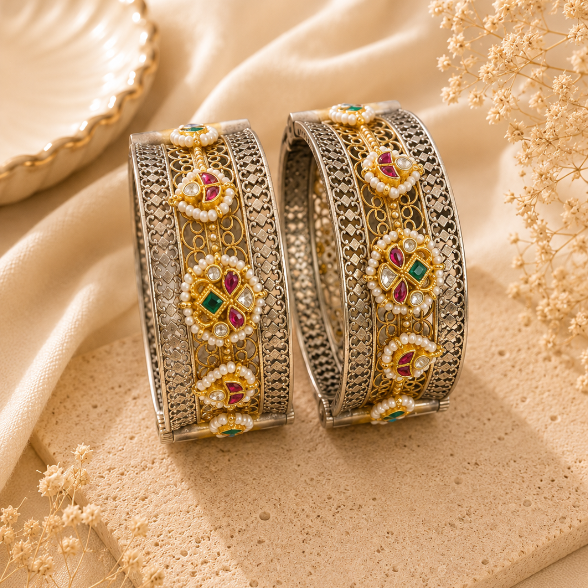 Antique Silver and Gold Plated Bangles with Kundan and Pearl Detailing
