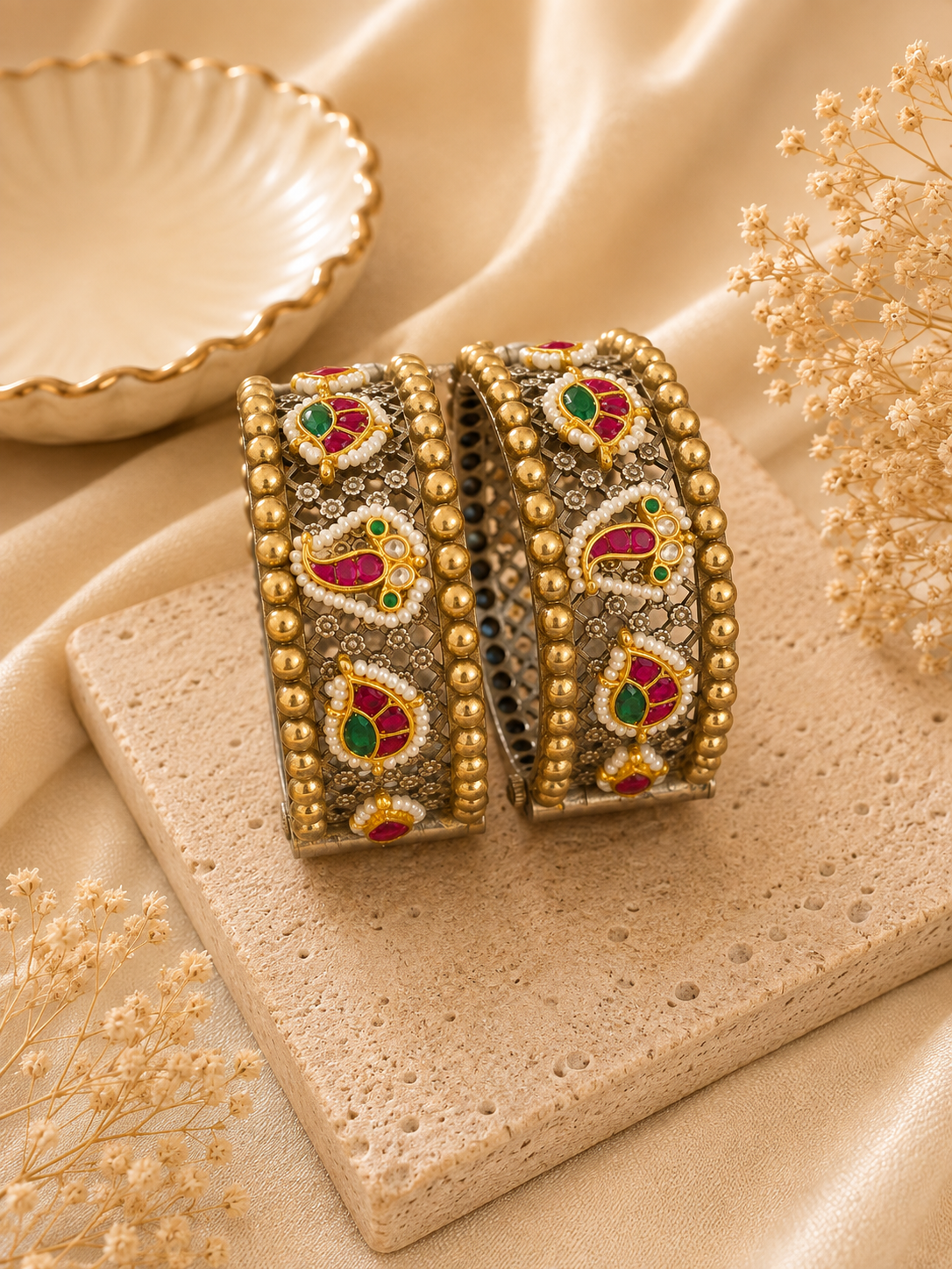 Kundan and Pearl Gold-Toned Bangles with Paisley Motif