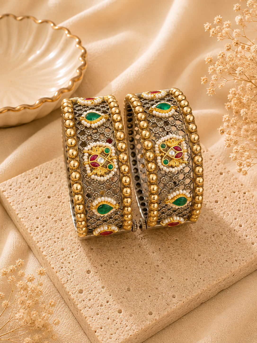 Kundan and Pearl Studded Gold-Toned Silver Bangles
