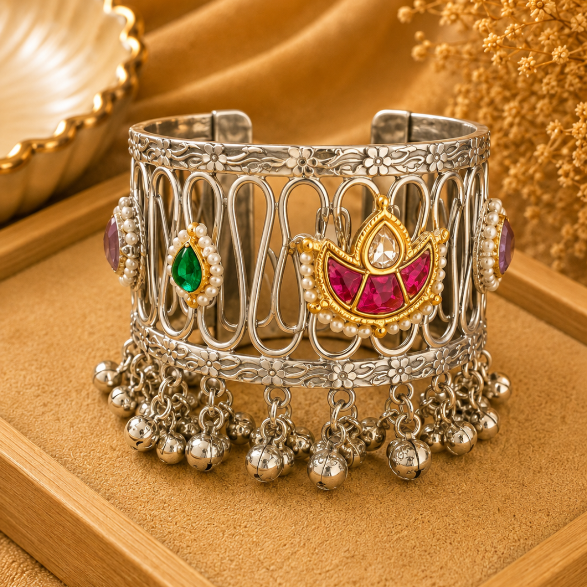 Silver Plated Choker with Multicolour Stone and Pearl Detailing