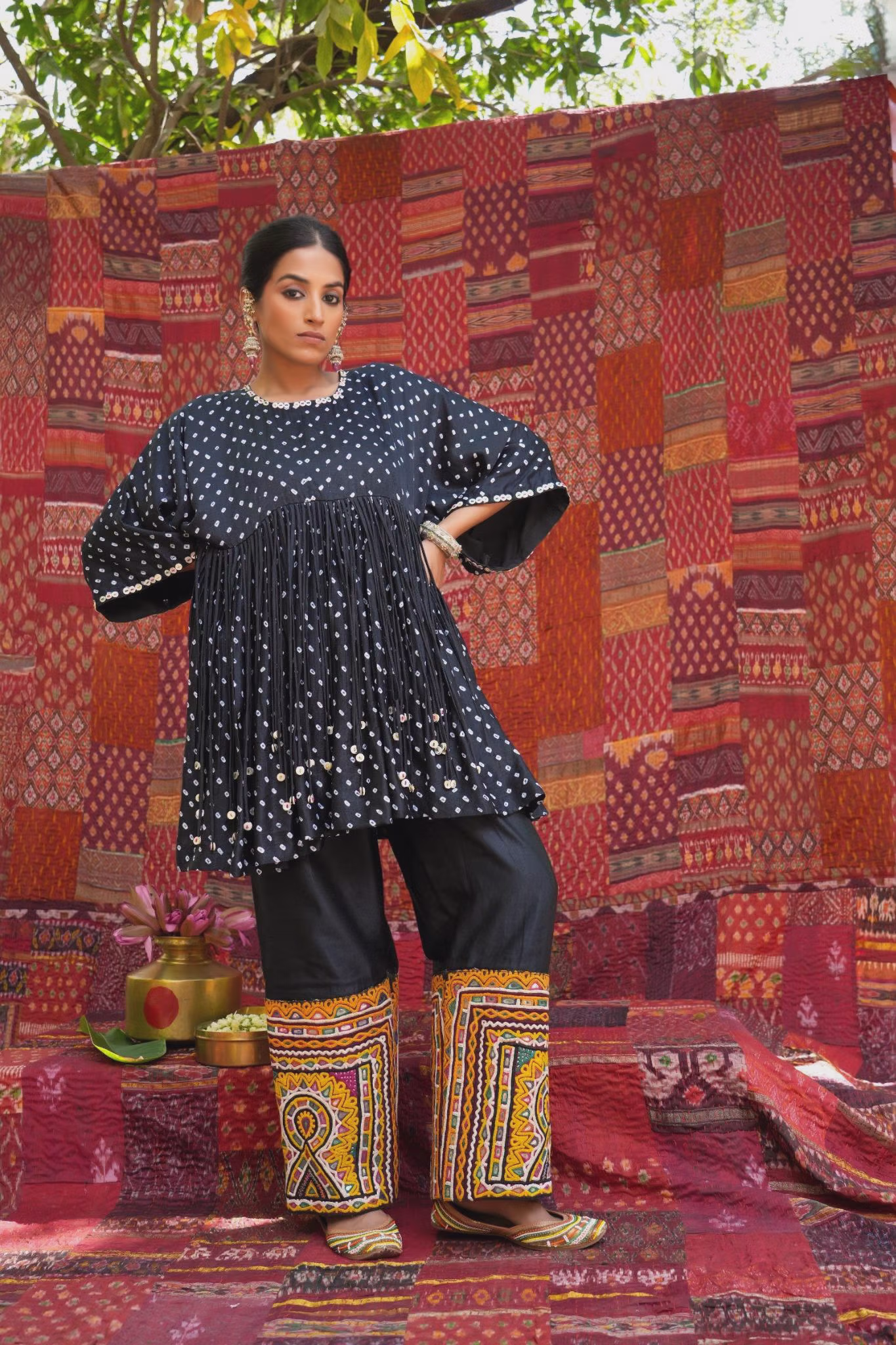 Black Cotton Kurta with Mirror Work and Embroidered Wide Pants