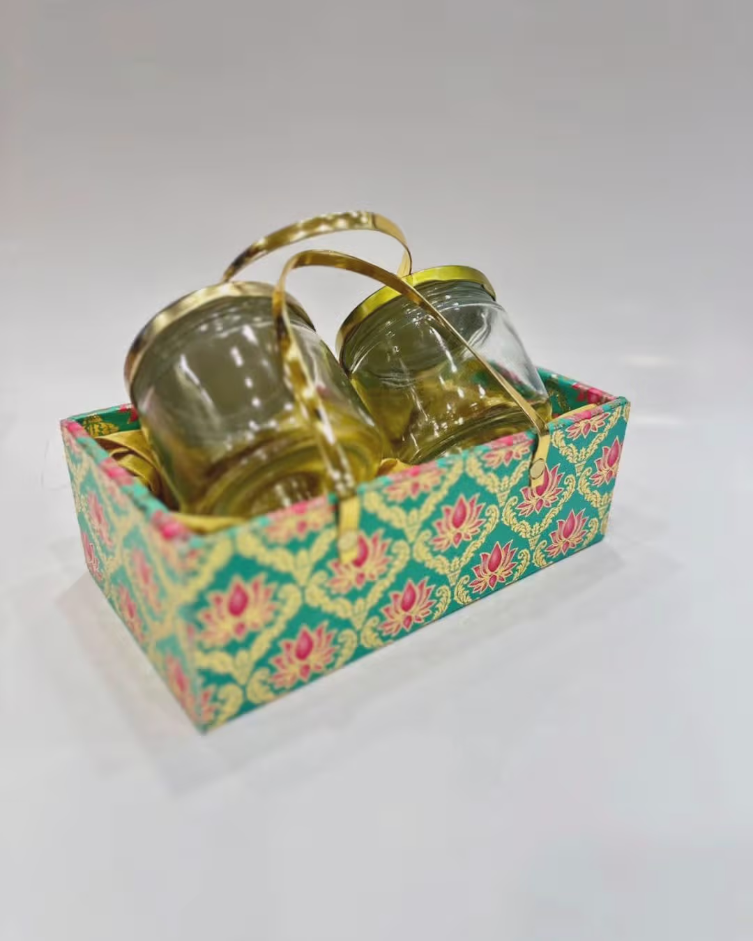 Lotus Motif Decorative Storage Box with Glass Jars