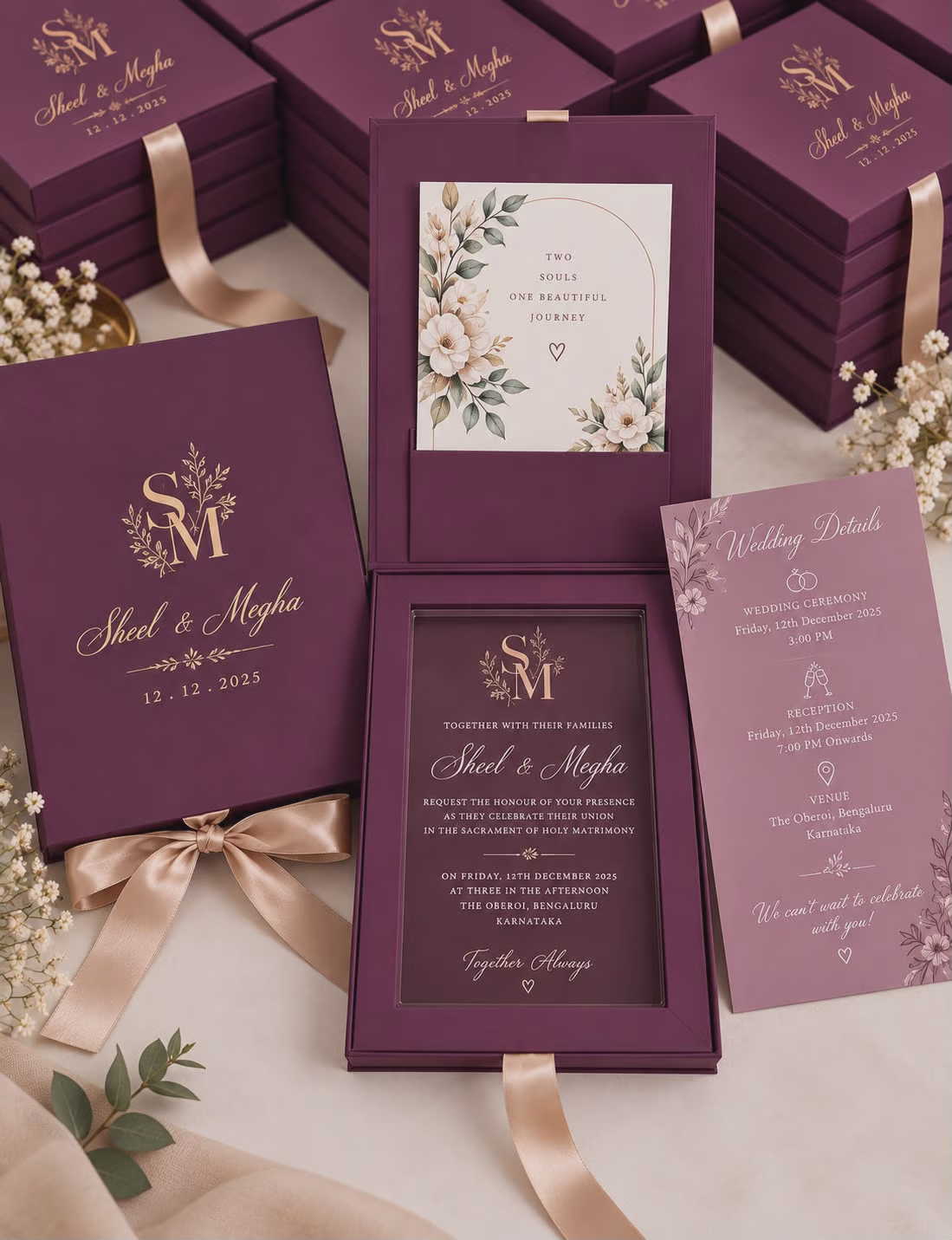 Purple Wedding Invitation Box with Floral Design