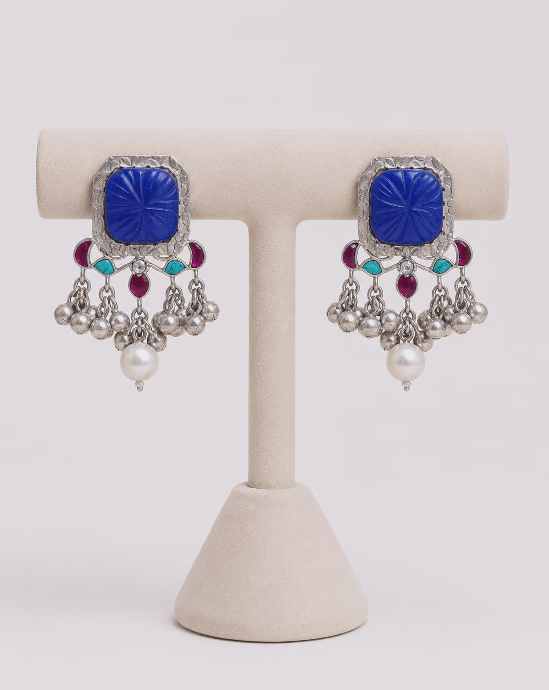 Silver Earrings with Blue Stone and Pearl Drops