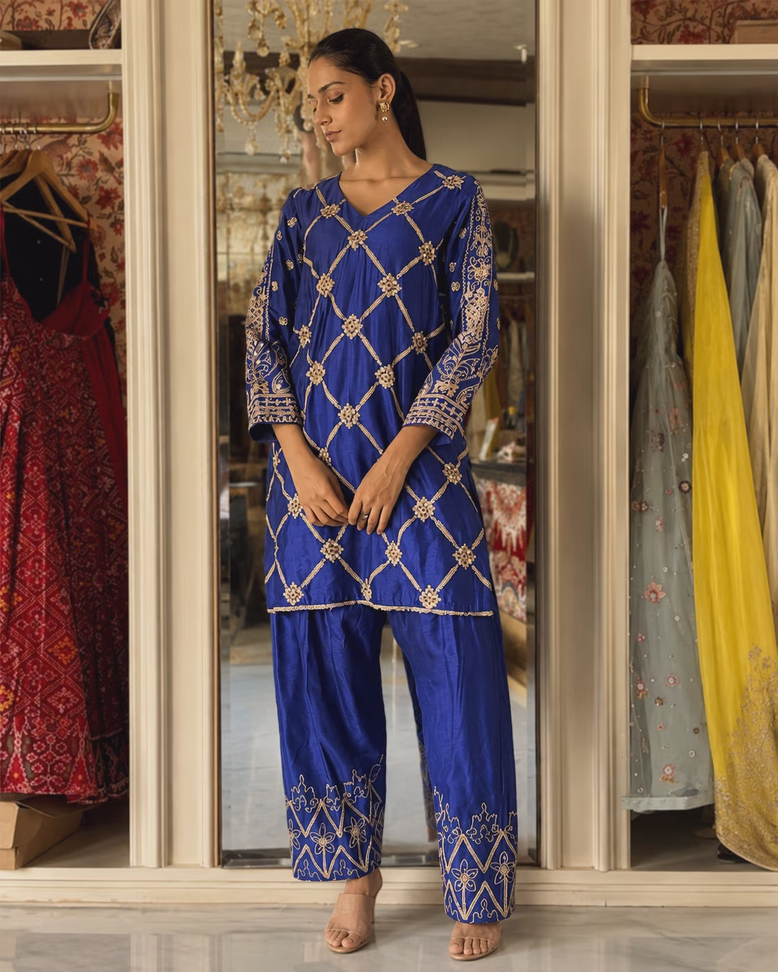 Royal Blue Silk Embroidered Kurta Pant Set