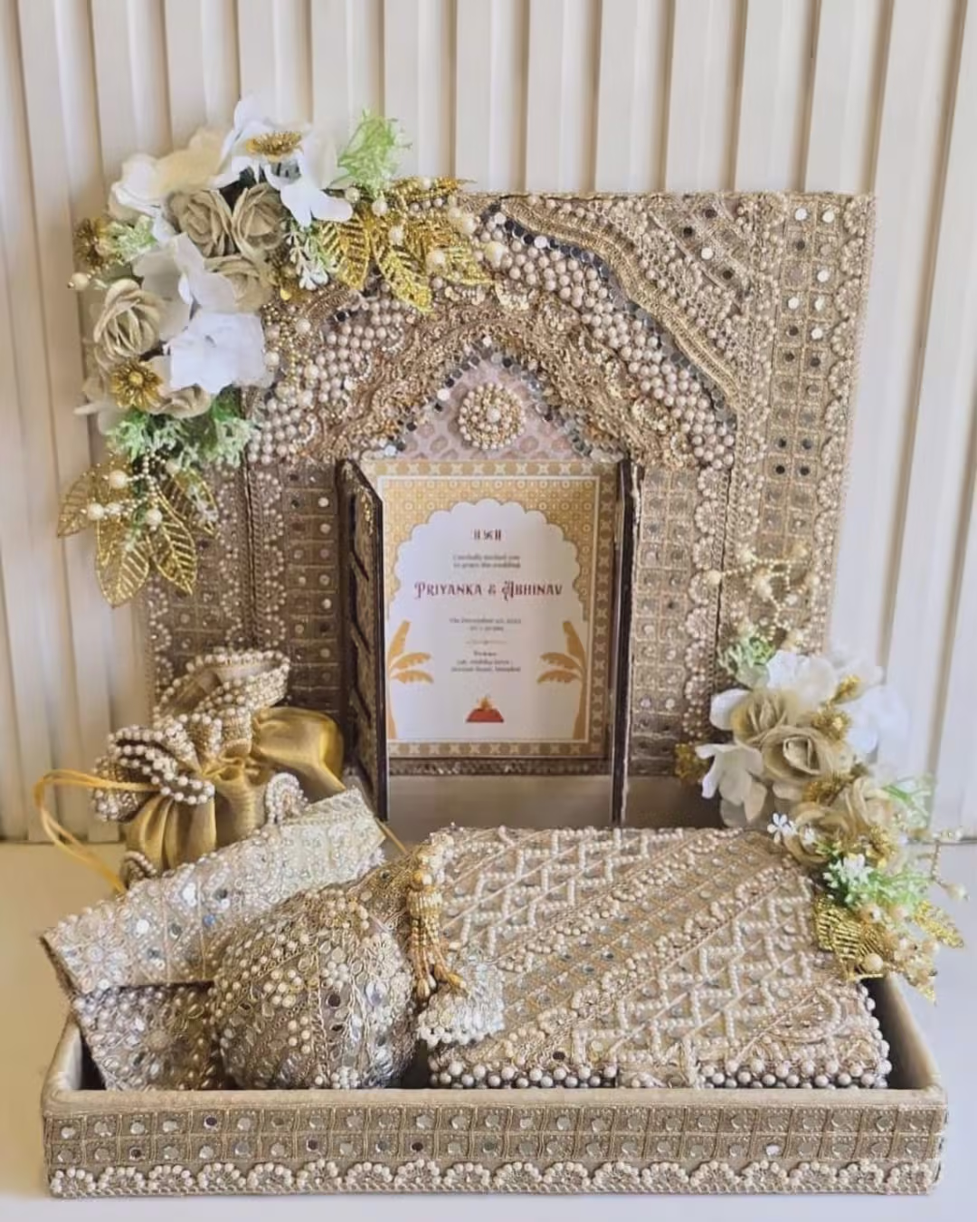 Handcrafted Pearl and Zari Wedding Invitation Box Set