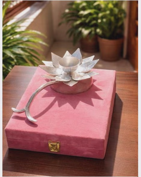 Silver Lotus Candle Holder with Velvet Box