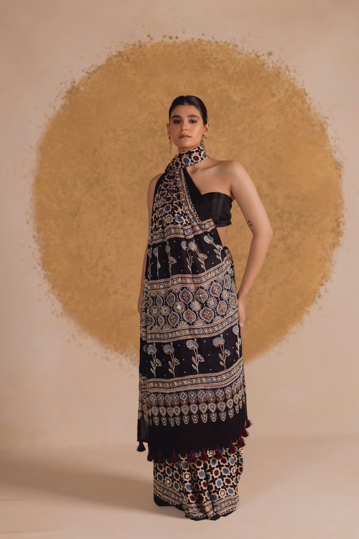 Black Ajrakh Printed Saree with Tassel Border