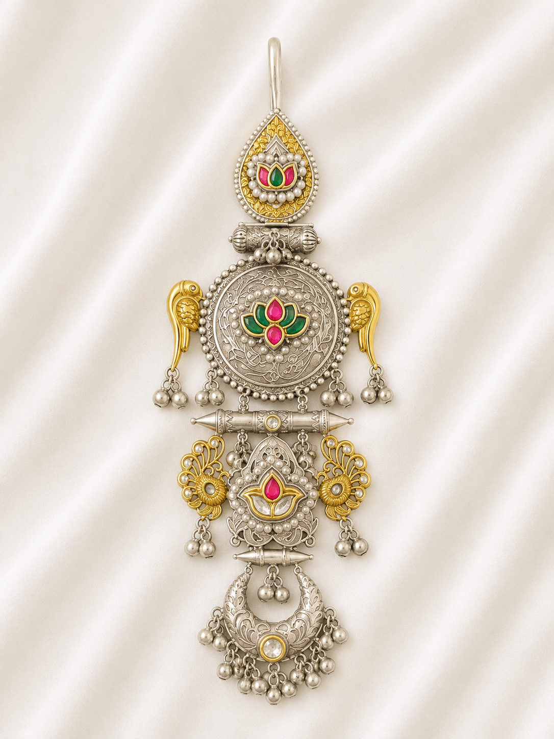 Antique Silver and Gold-Tone Temple Juda with Lotus Motif