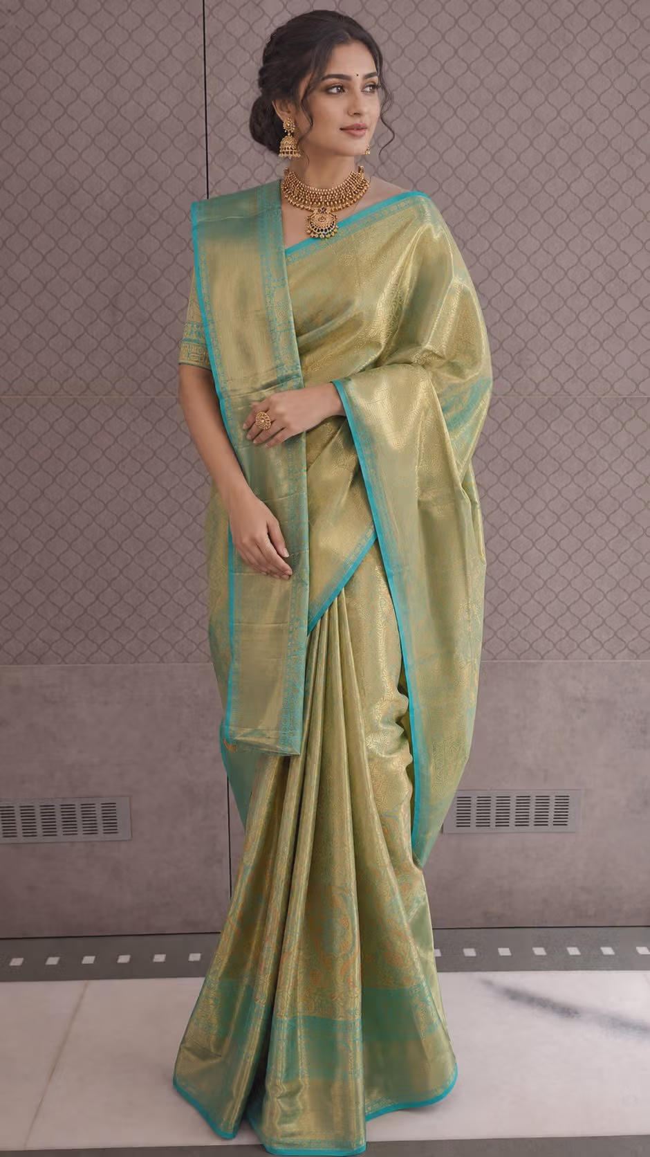 Pastel Green Banarasi Silk Saree with Turquoise Zari Border