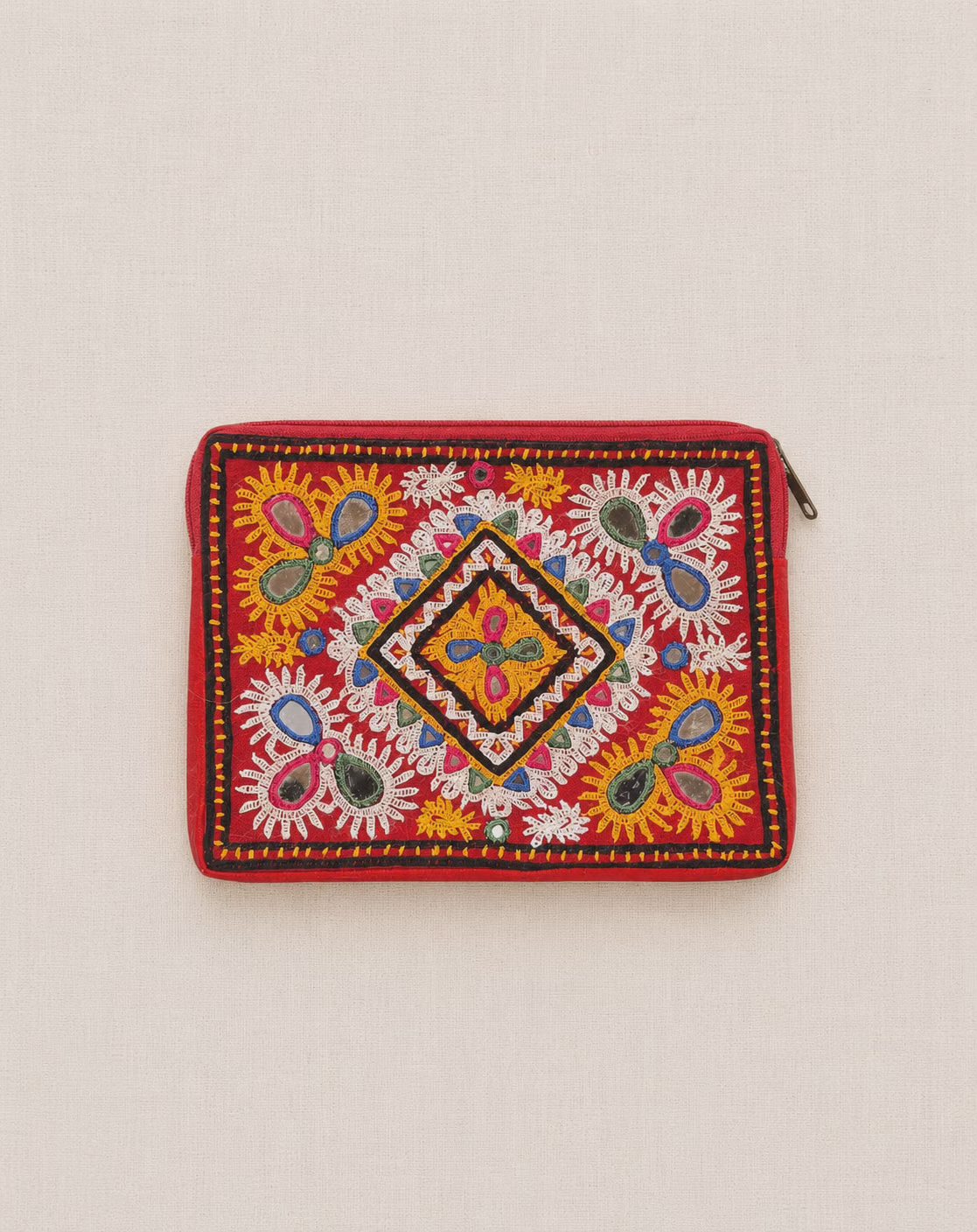 Red Embroidered Cotton Clutch with Mirror Work