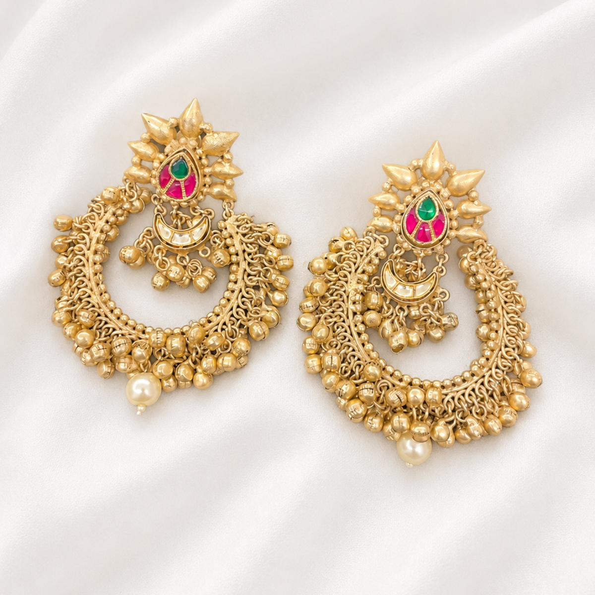 Antique Gold-Plated Chandbali Earrings with Pearl Drop