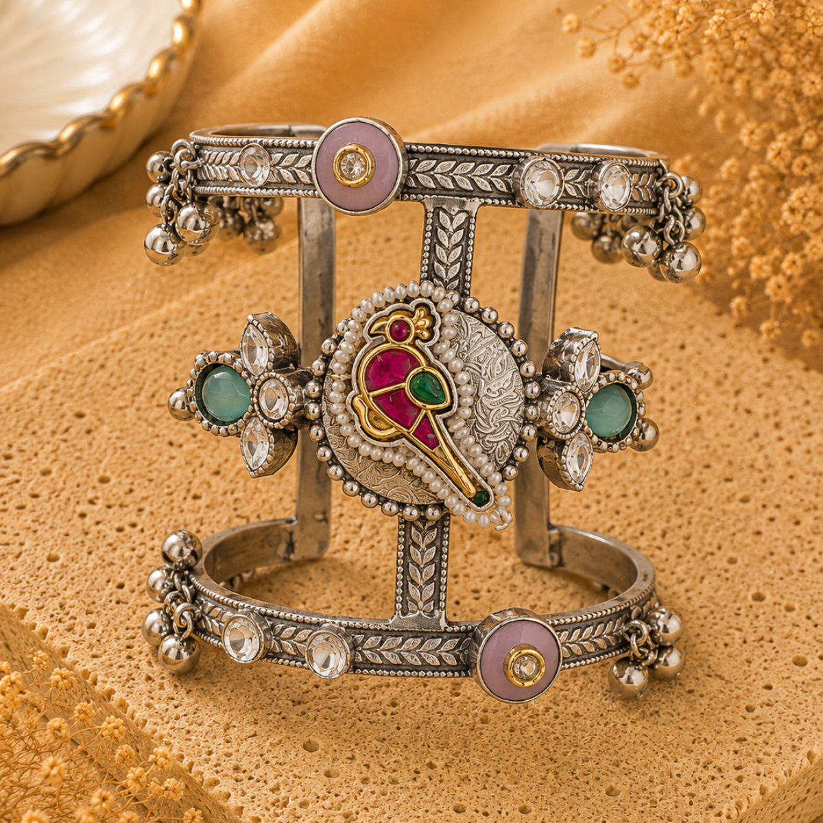 Oxidised Silver Cuff Bracelet with Meenakari and Stone Detailing