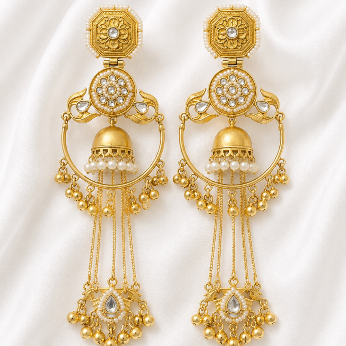 Gold Plated Jhumka Earrings with Pearl and Kundan Detailing