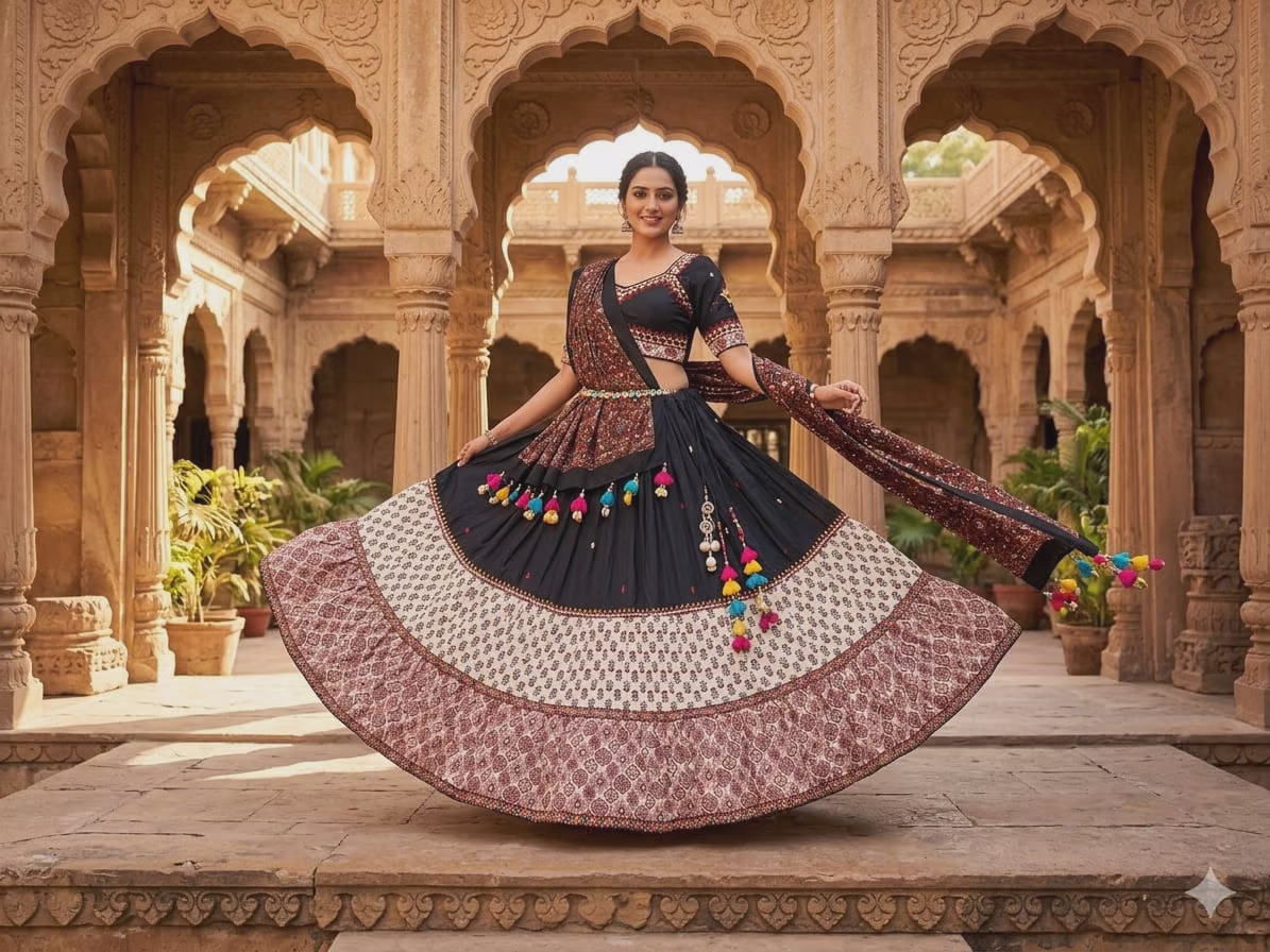 Navy Blue and Maroon Cotton Ghagra Choli with Bandhani Print and Tassel Detail